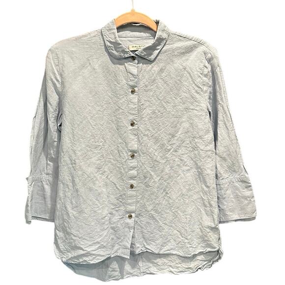 Halston Heritage Powder Blue Coastal Grandma Linen And Viscose Button Down Shirt - Picture 6 of 13